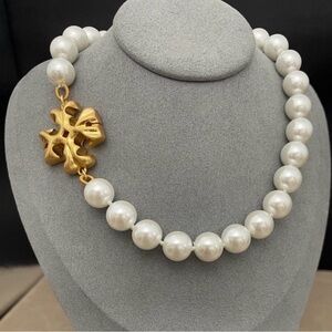 Tory Burch White Pearl Necklace with Gold Logo Accent